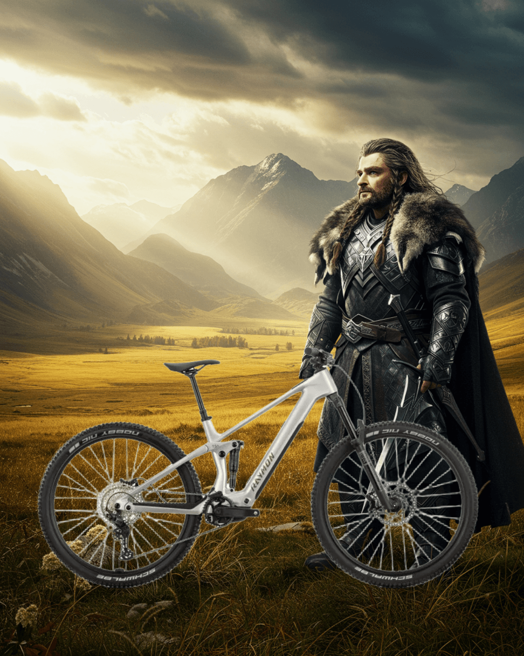 Bicicleta Raymon Airok en un paisaje montañoso con un guerrero medieval. Potencia y diseño forjado para la batalla.