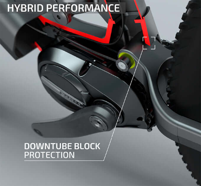 Detalle del sistema de protección del tubo de bajada en la Berria Mako Hybrid HPR Elite BMK Edition.