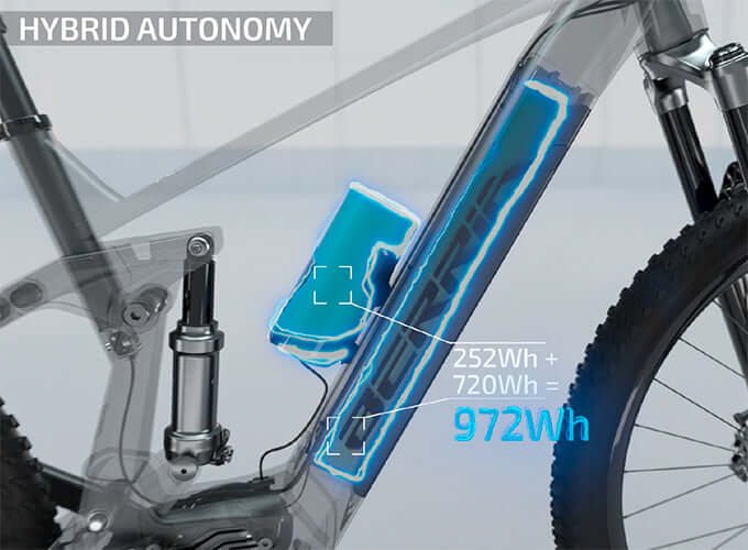 Batería de 720Wh ampliable en la Berria Mako Hybrid, destacando su autonomía híbrida con 972Wh.