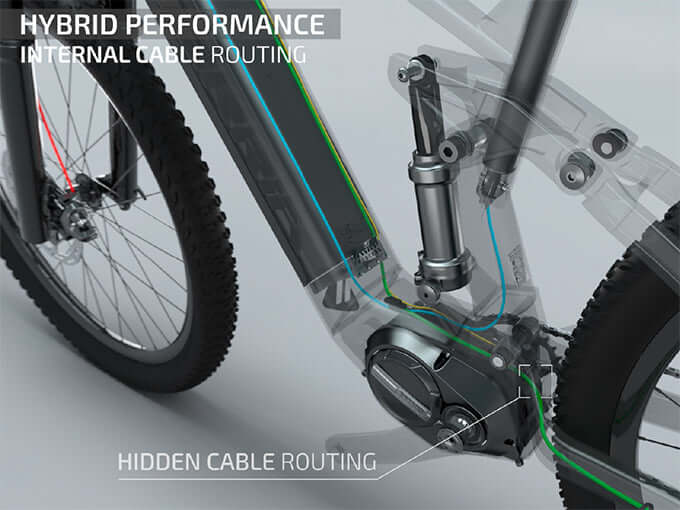 Diseño de la Berria Mako Hybrid mostrando el sistema de enrutamiento interno de cables para un rendimiento híbrido.