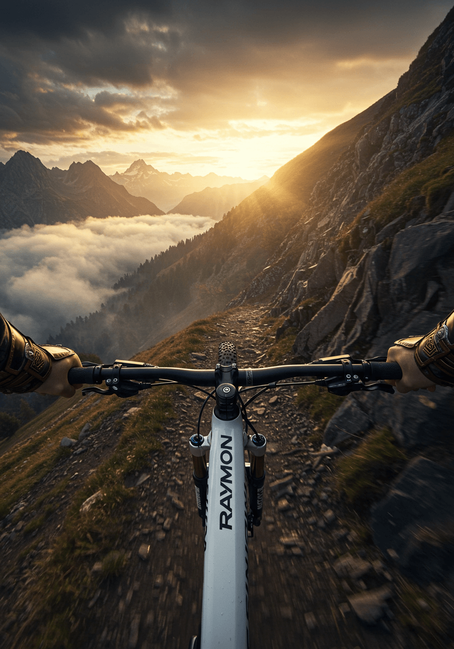 Vista de ciclismo en montaña con la bicicleta Raymon Airok al atardecer, mostrando aventura y poder.