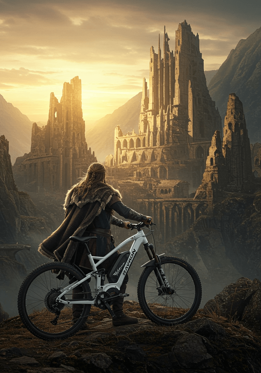 Un ciclista frente a un castillo antiguo, con la bicicleta Raymon Airok, invocando aventura y dominio del terreno.