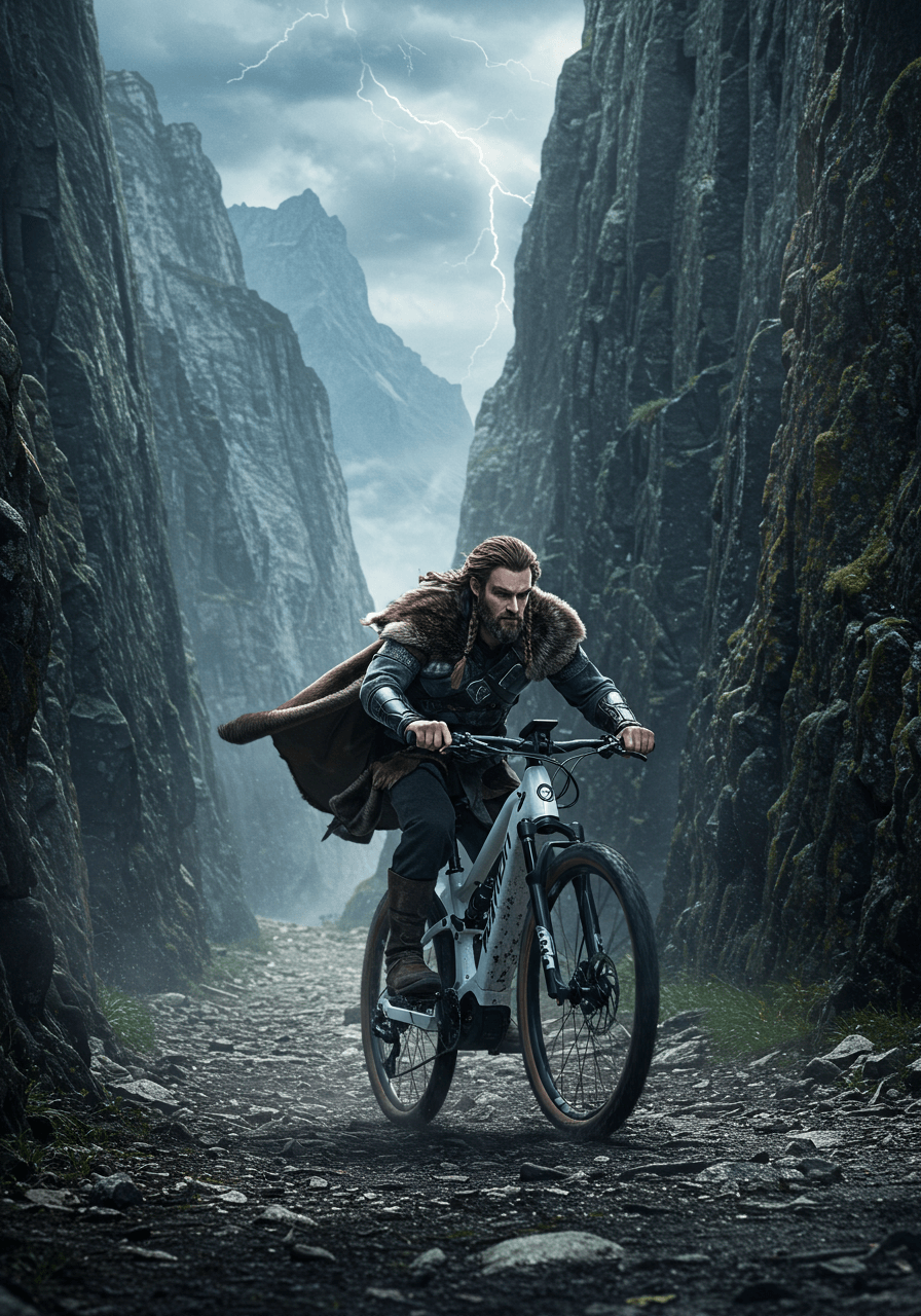Bicicleta Raymon Airok en un paisaje montañoso, simbolizando poder y aventura.
