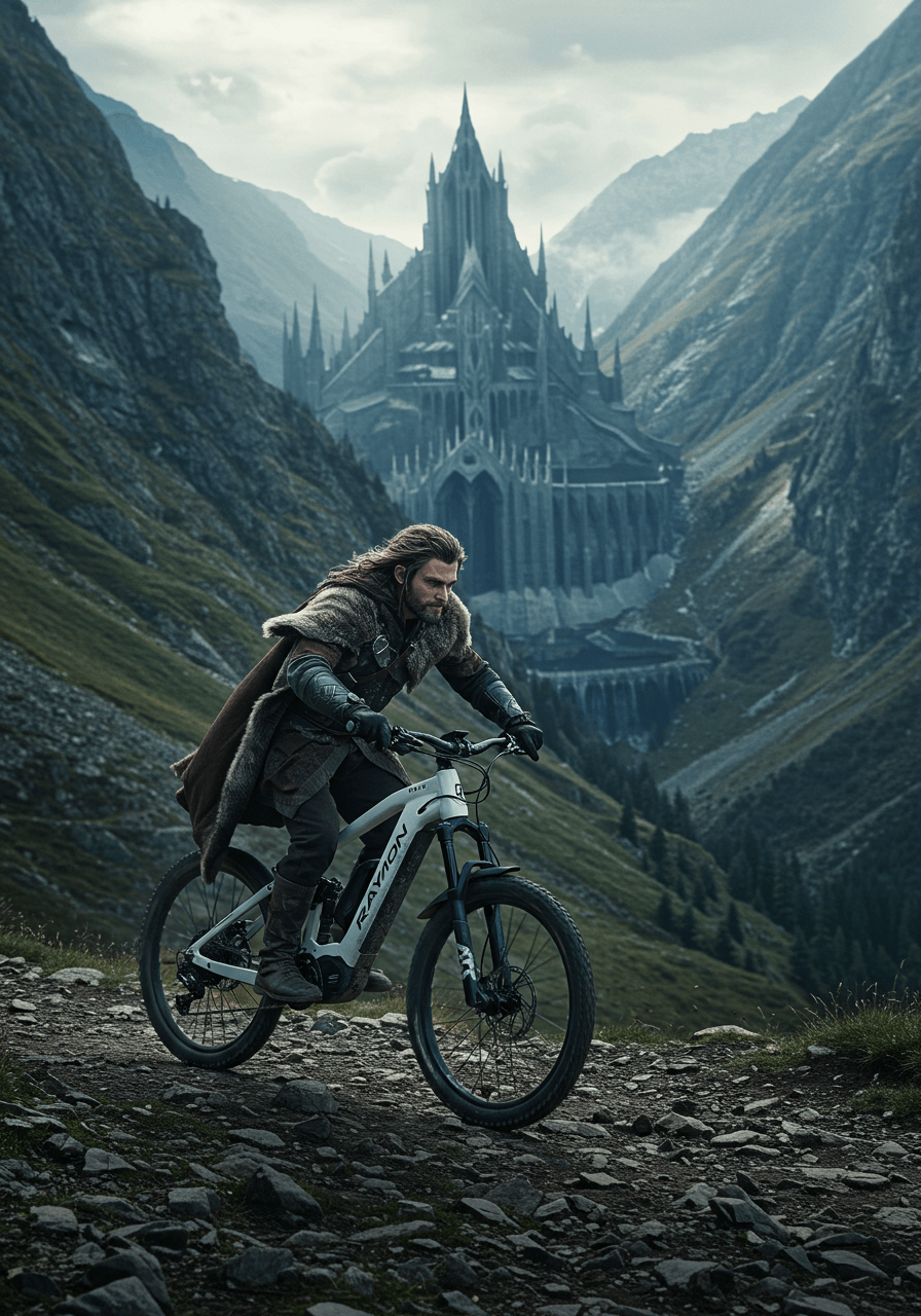 Un ciclista montando la bicicleta Raymon Airok en un paisaje montañoso, con un castillo imponente al fondo.