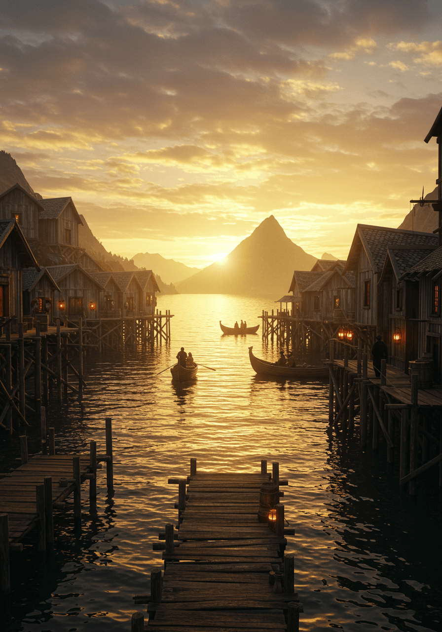 Atardecer sobre un pueblo costero, casas de madera y botes en un lago rodeado de montañas.