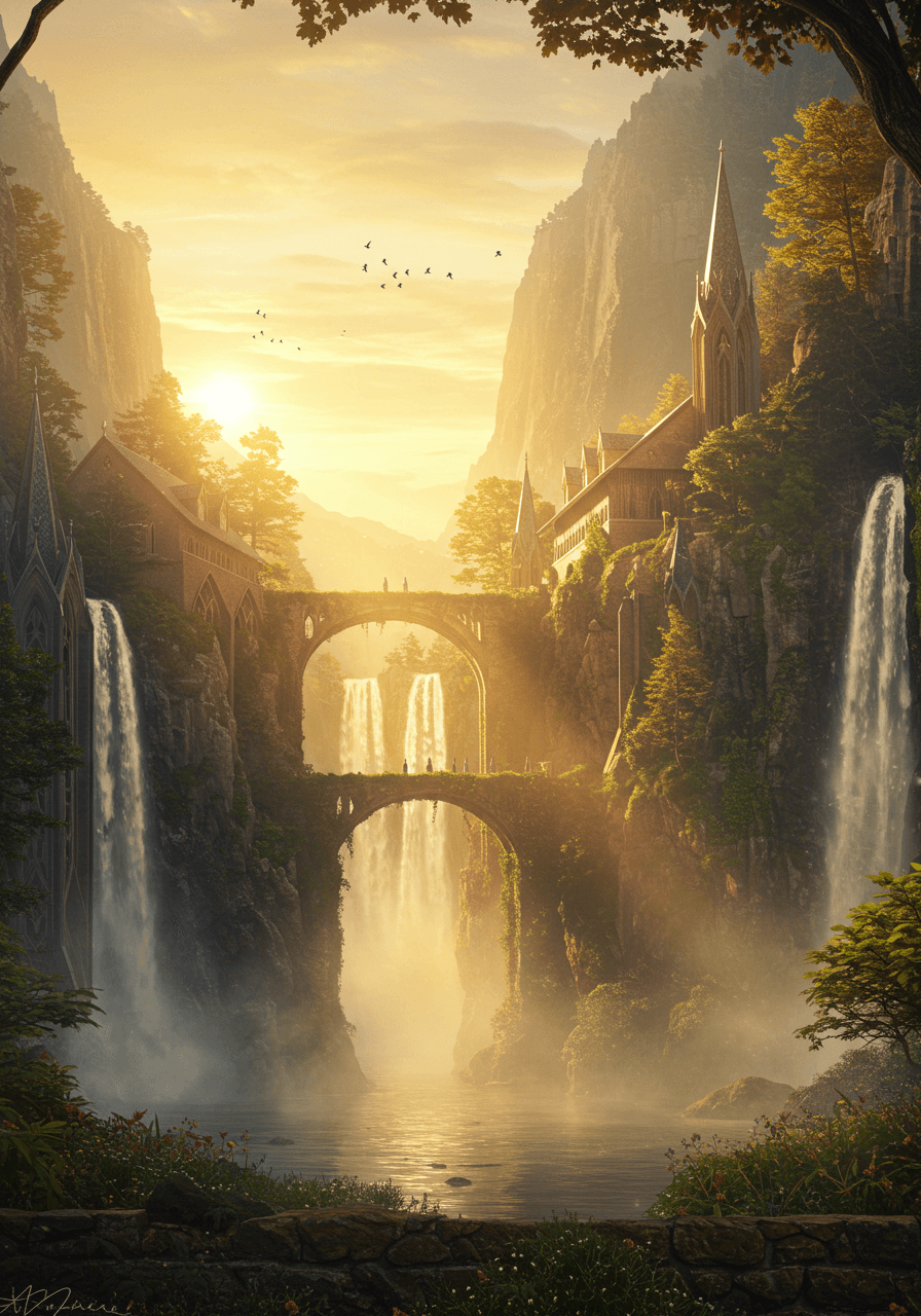 Vista mágica de un puente en un paisaje de montañas con cascadas y edificios antiguos al atardecer.