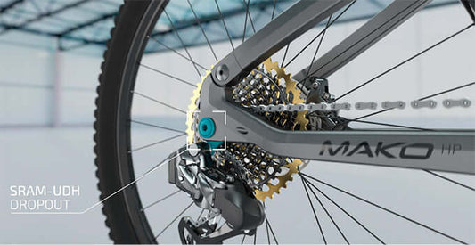 Detalle del cambio SRAM-UDH en la Mako Hybrid HPR Elite BMK Edition, resaltando su diseño eficiente.
