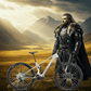 Bicicleta Raymon Airok en un paisaje montañoso con un guerrero medieval. Potencia y diseño forjado para la batalla.
