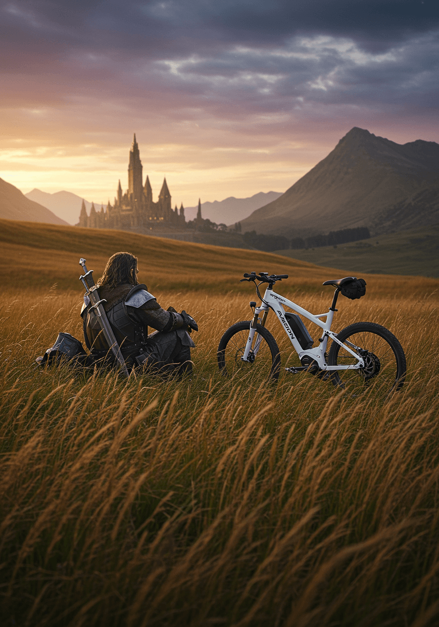 Raymon Airok en un paisaje montañoso, con guerrero mirando un castillo al atardecer, simbolizando aventura y fortaleza.